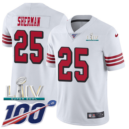 San Francisco 49ers Nike 25 Richard Sherman White Super Bowl LIV 2020 Rush Men Stitched NFL Limited 100th Season Jersey